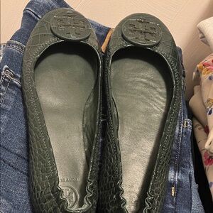 Tory Burch Dark Green Embossed Loafers